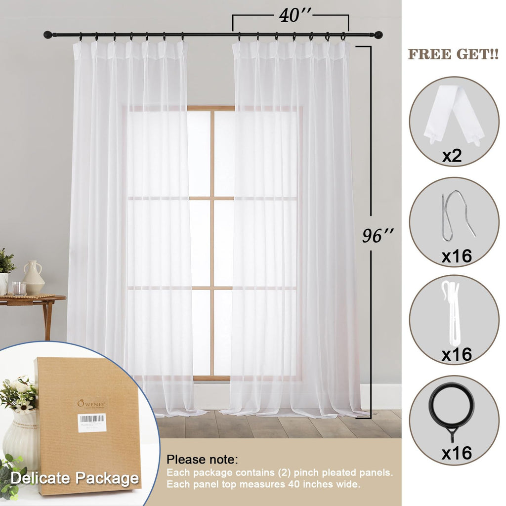 White Pinch Pleated Sheer Curtains 96 Inch 2 Panels