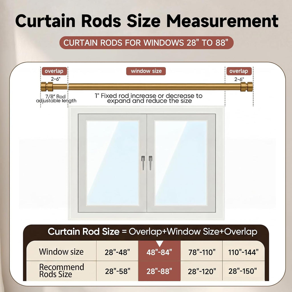 Warm Gold Curtain Rods with Solid Metal Finials 48 to 84 Inches Adjustable Heavy Duty 1 Inch Brass Curtain Rod for