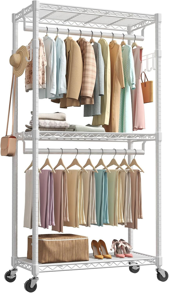 Heavy Duty Clothing Rack with Wheels, 3-Tier Adjustable Wire Garment Rack, Metal Freestanding Closet Organizer System