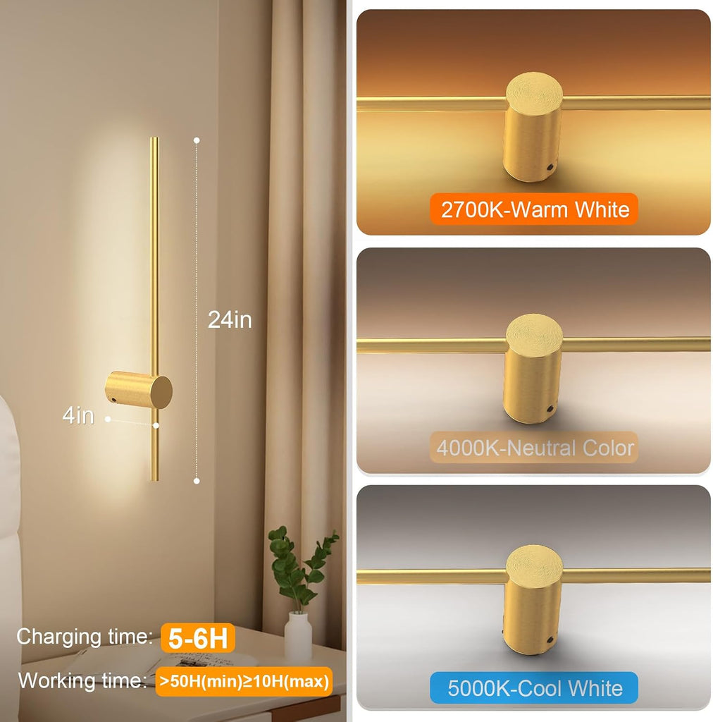 24 Inch Battery Operated Wall Sconce Set of 2,Gold Minimalist Rechargeable LED Wall Lights with Remote, 10 Colors