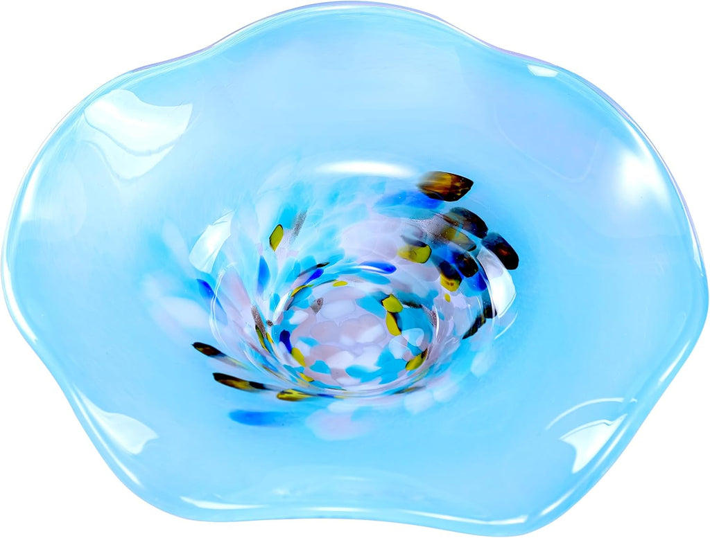 Hand Blown Murano-style Art Glass Bowl, 10.2-Inch Large Decorative Centerpiece for Table, Cobalt Blue Fruit Display &