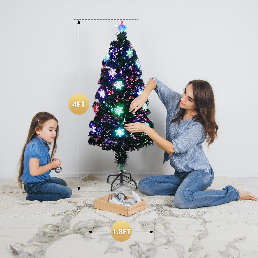 4ft Pre-lit Fiber Optic Artificial Christmas Tree w/Multicolor LED Lights, Snowflakes & Top Star, Small Xmas Tree