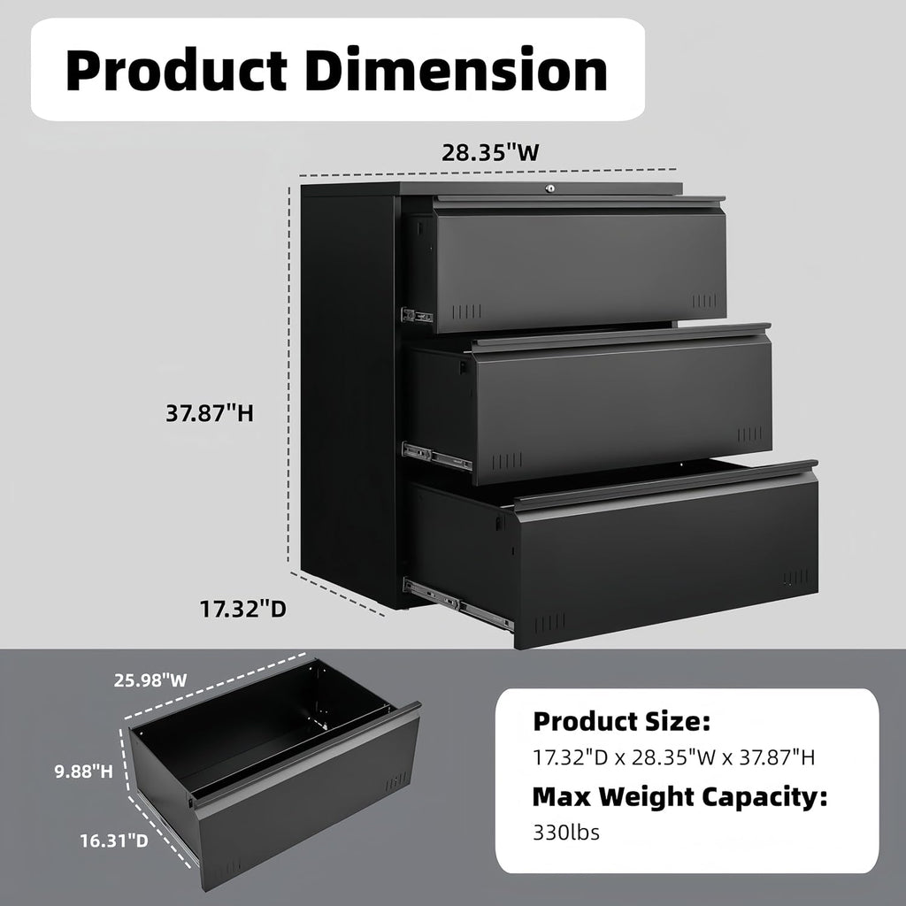 Lateral 3 Drawer File Cabient with Lock, Metal Filing Cabinets, Heavty Duty Office Storage Cabinet for