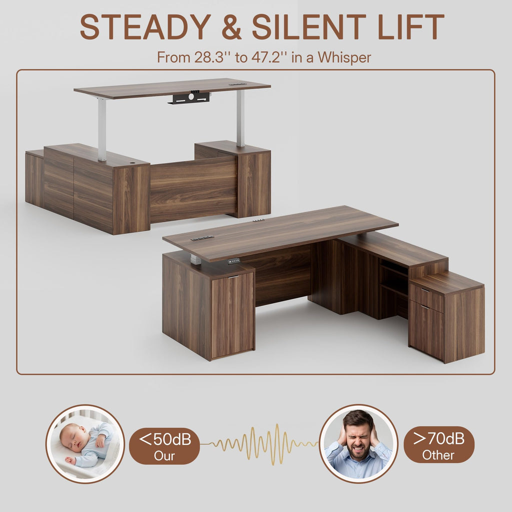 71" L Shaped Executive Desk with File Cabinet Drawers Outlet USB, Height Adjustable Office Desk Blister Board Privacy