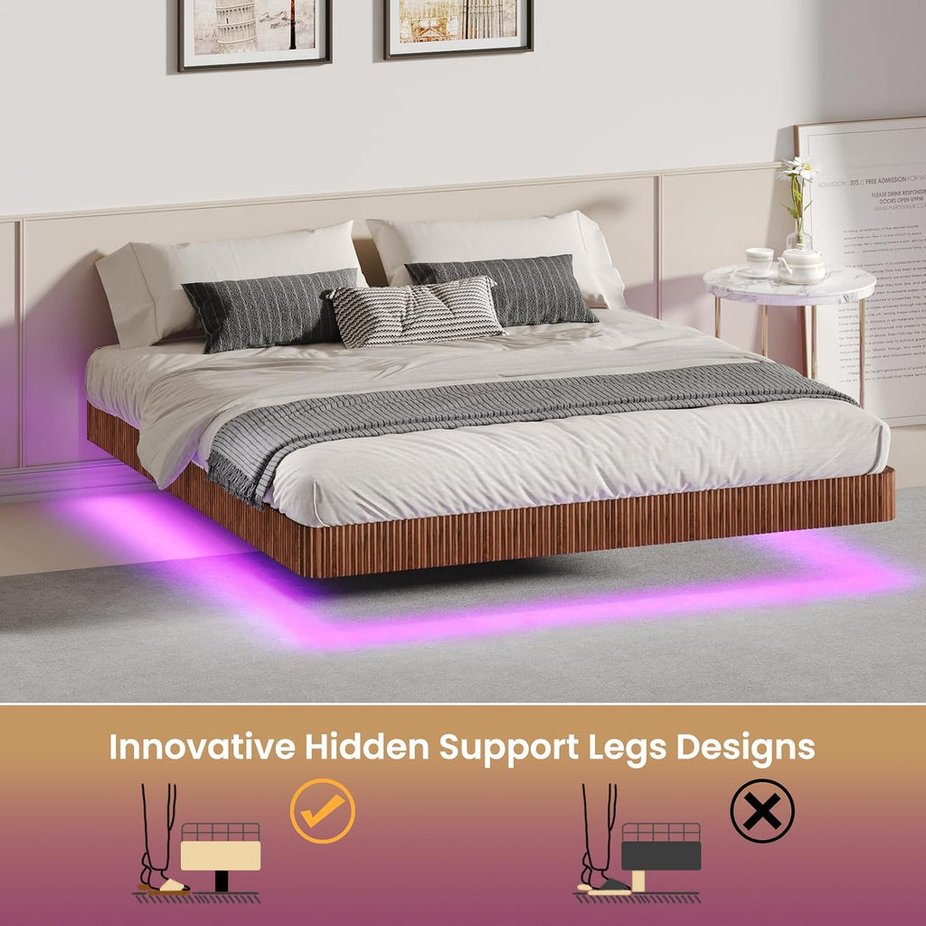 Classic Low Profile Floating Platform Bed, 10" High Floor Solid Wood Bed Frame With Led Ambient