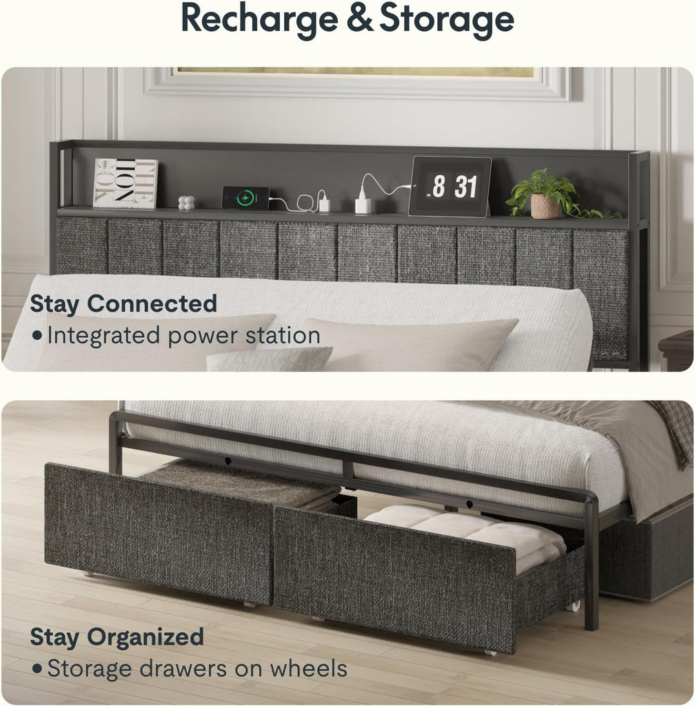 Queen Adjustable Bed with Storage Headboard and Charging