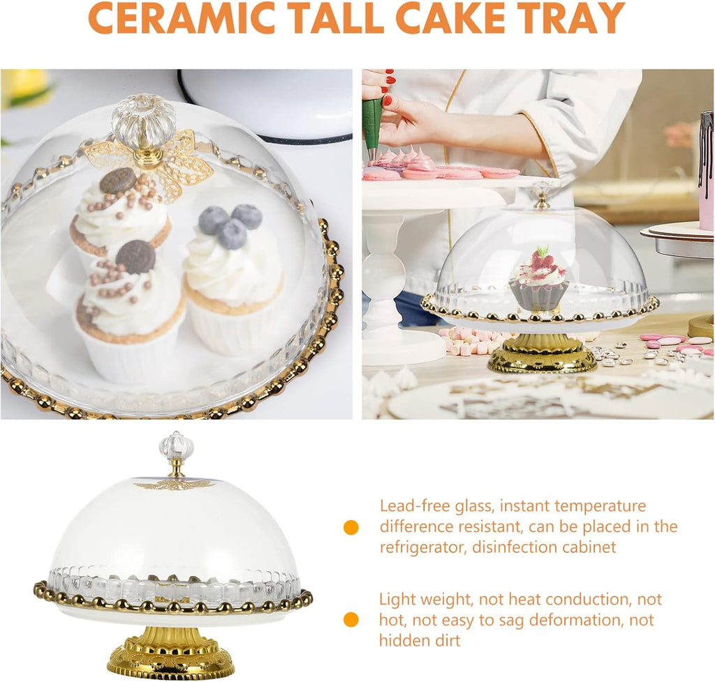 White Round Ceramic Cake Stand with Glass Dome, 8 Inch