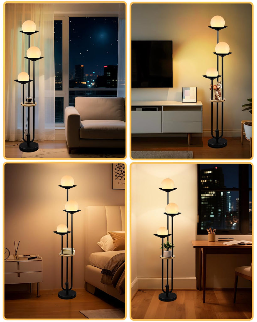 Globe Floor Lamp with Shelf 3-Lights Modern Dimmable Floor Lamps 3000K Warm White Bulbs Included Black Tall Standing