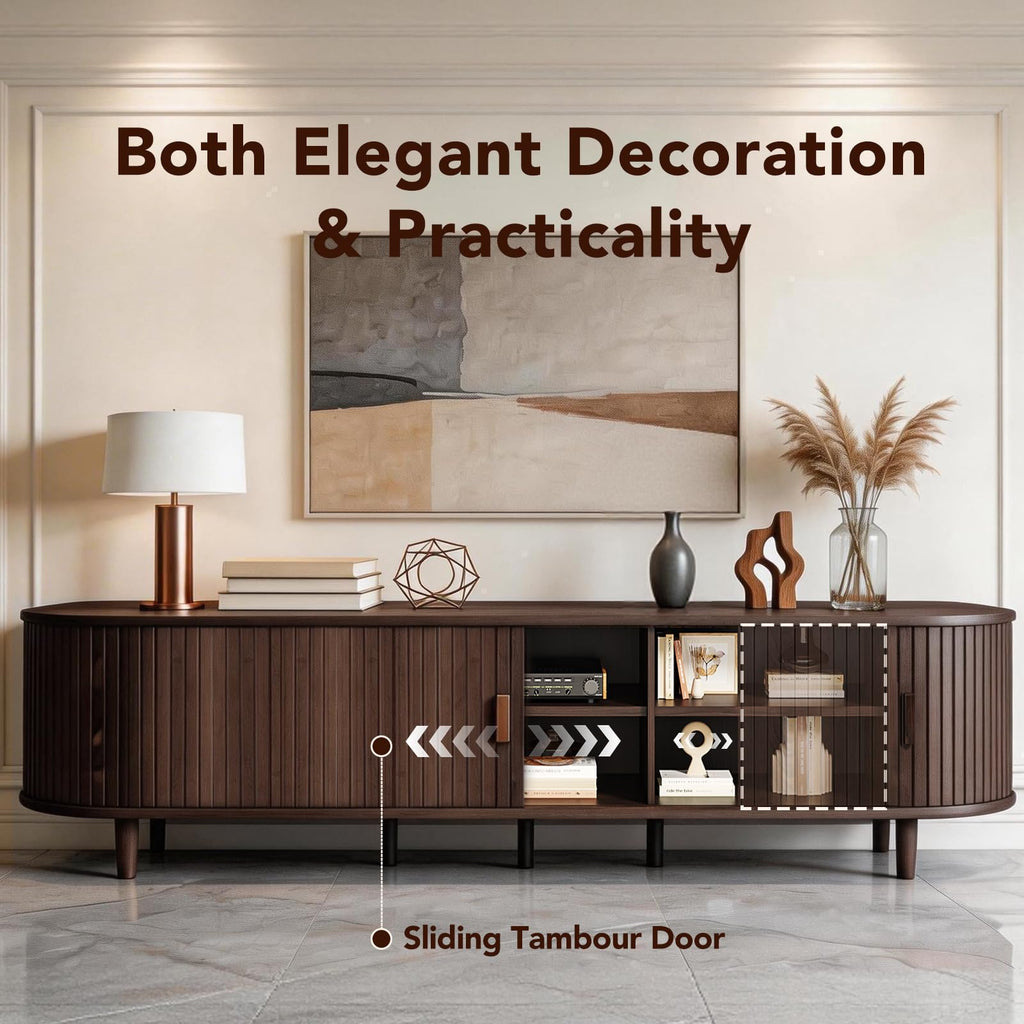 80" Mid-Century Modern TV Stand with Sliding Doors, TV Consoles with Power Outlet, Fluted Entertainment Center with
