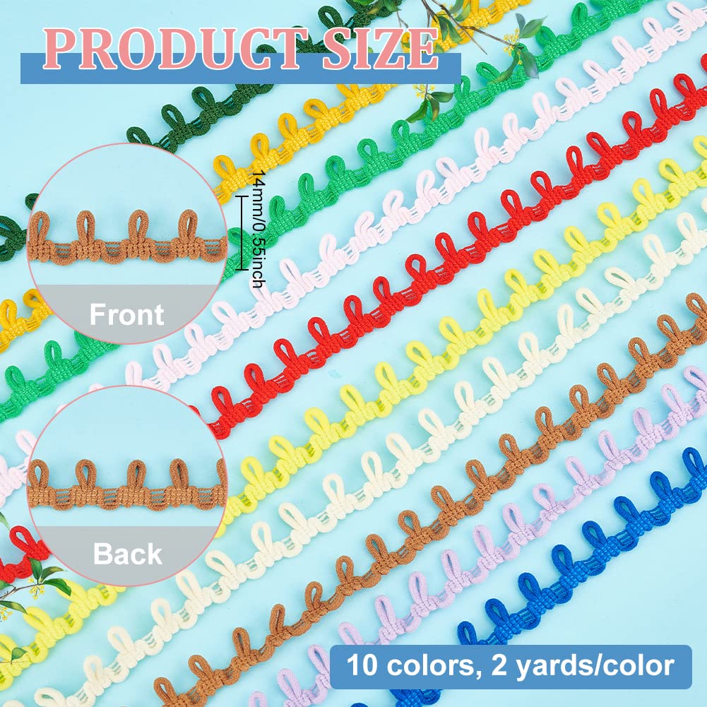 10 Colors Petite Braid Trim with Elastic Button Loop, Buttonhole Tassel Fringe Lace Trim for Wedding Costume - 20 Yards