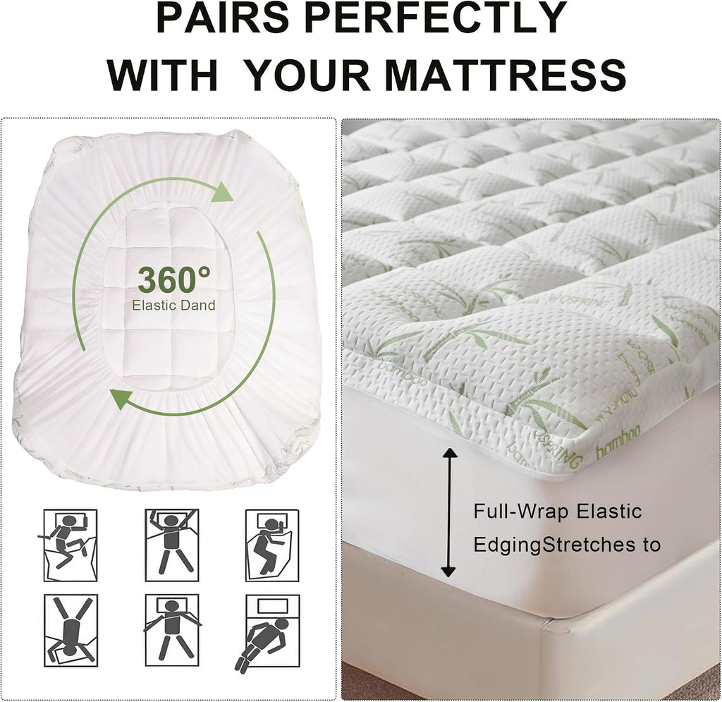 4 Inch Mattress Topper Queen Size Memory Foam Bamboo Pillow Top Back Pain | Breathable Hypoallergenic OEKO-TEX