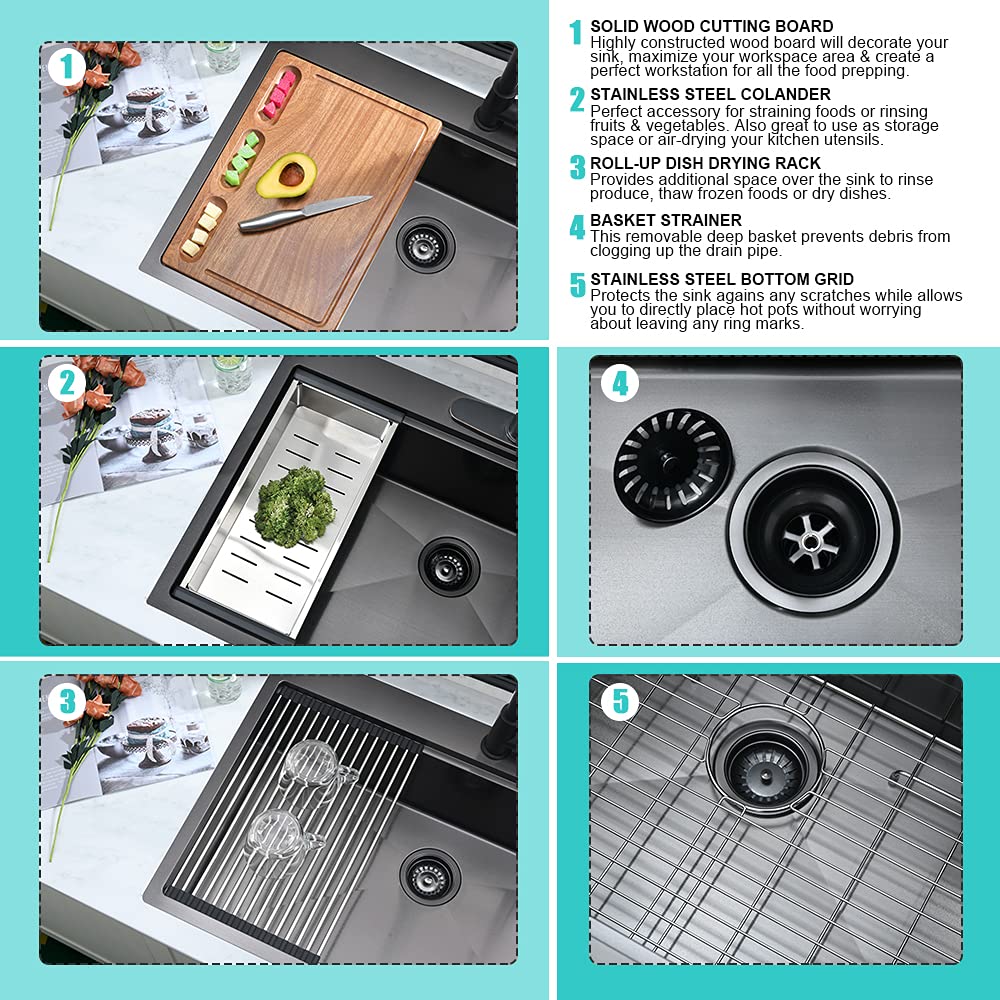 27 x 22 Drop Sink Black Stainless Steel Sink Workstation