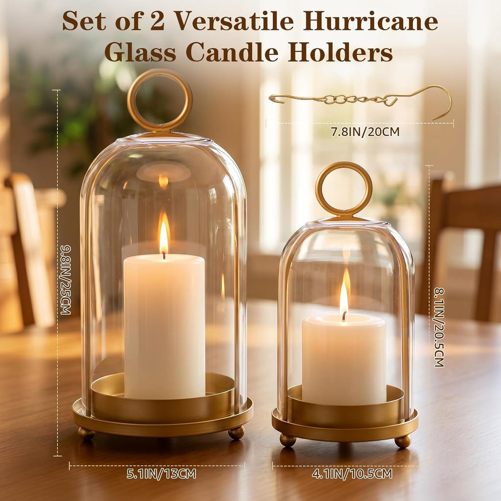 Hurricane Glass Candle Holders Set of 2 with Brass Base (9.8" & 8.1") | Cloche Glass Dome,Vintage Brass