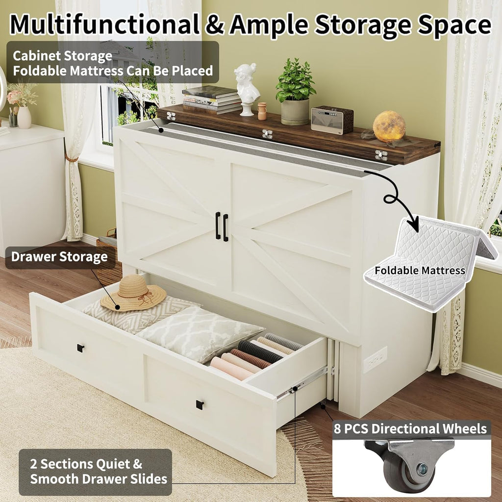 Farmhouse Queen Murphy Bed with Charging Station & Easy Fold-Down - 900lbs Capacity Heavy Duty Murphy Bed Cabinet