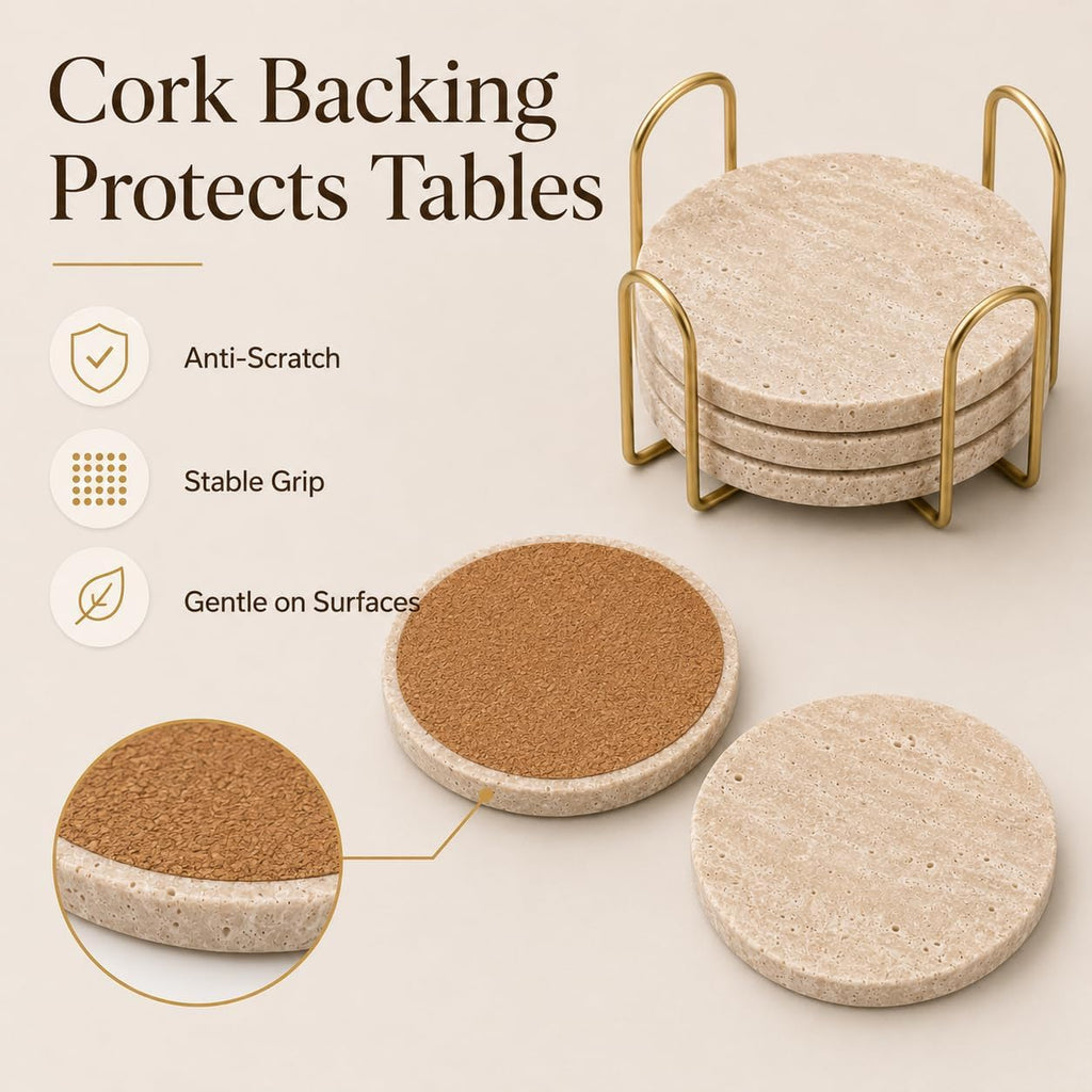 Travertine Coasters with Gold Holder Natural Stone, Cork Backing - Set of 4