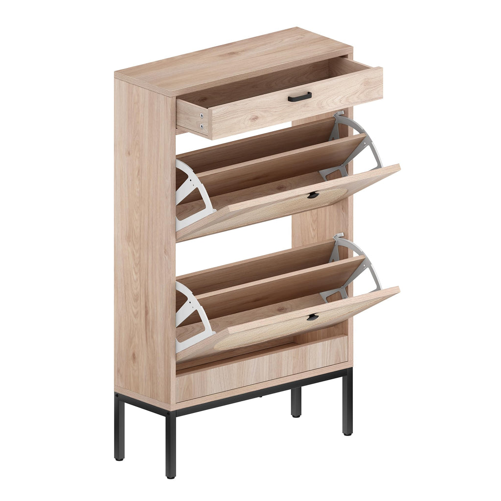 Cabinet With 2 Rattan Curved Pattern Flip Drawers, Freestanding Shoe Storage Organizer Rack With Adjustable Shelf