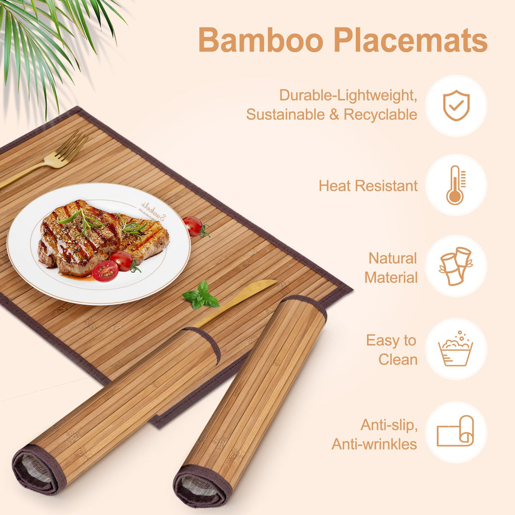 Bamboo Placemats Set of 8 with Fabric Border, Table Mats, Camel