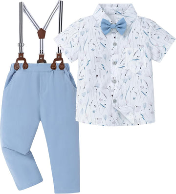 Boys Clothes Formal Suit Gentleman Wedding Outfit Short Sleeve Shirt with Bow Tie and Suspender Pants