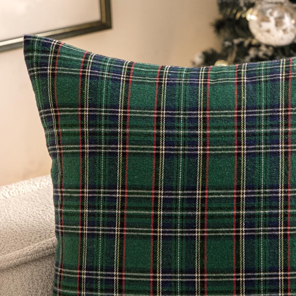 Christmas Euro Sham Plaid Throw Pillow Covers 22x22 Green Set of 2
