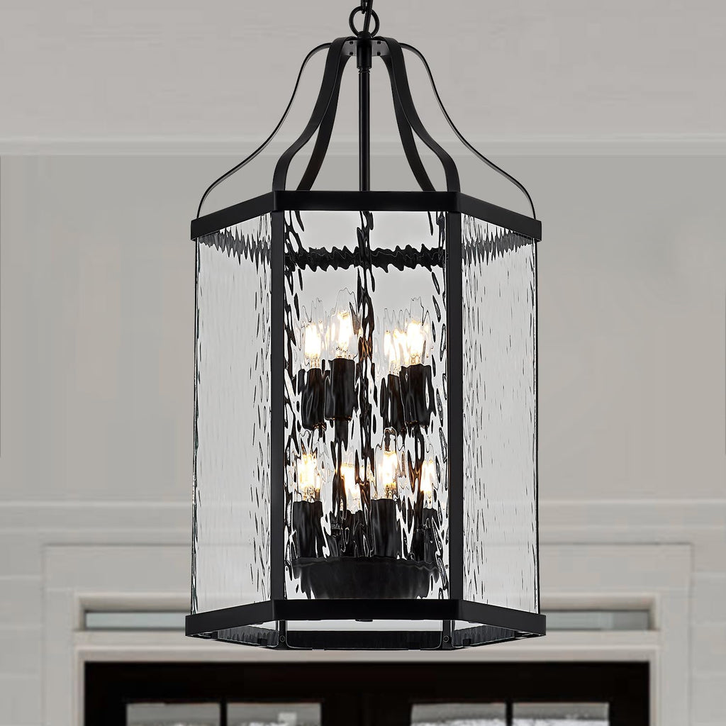 14" Modern 8-Light Exterior Black Lantern Pendant Light Fixture with Clear Rippled Glass Mini Industrial Hanging Cage