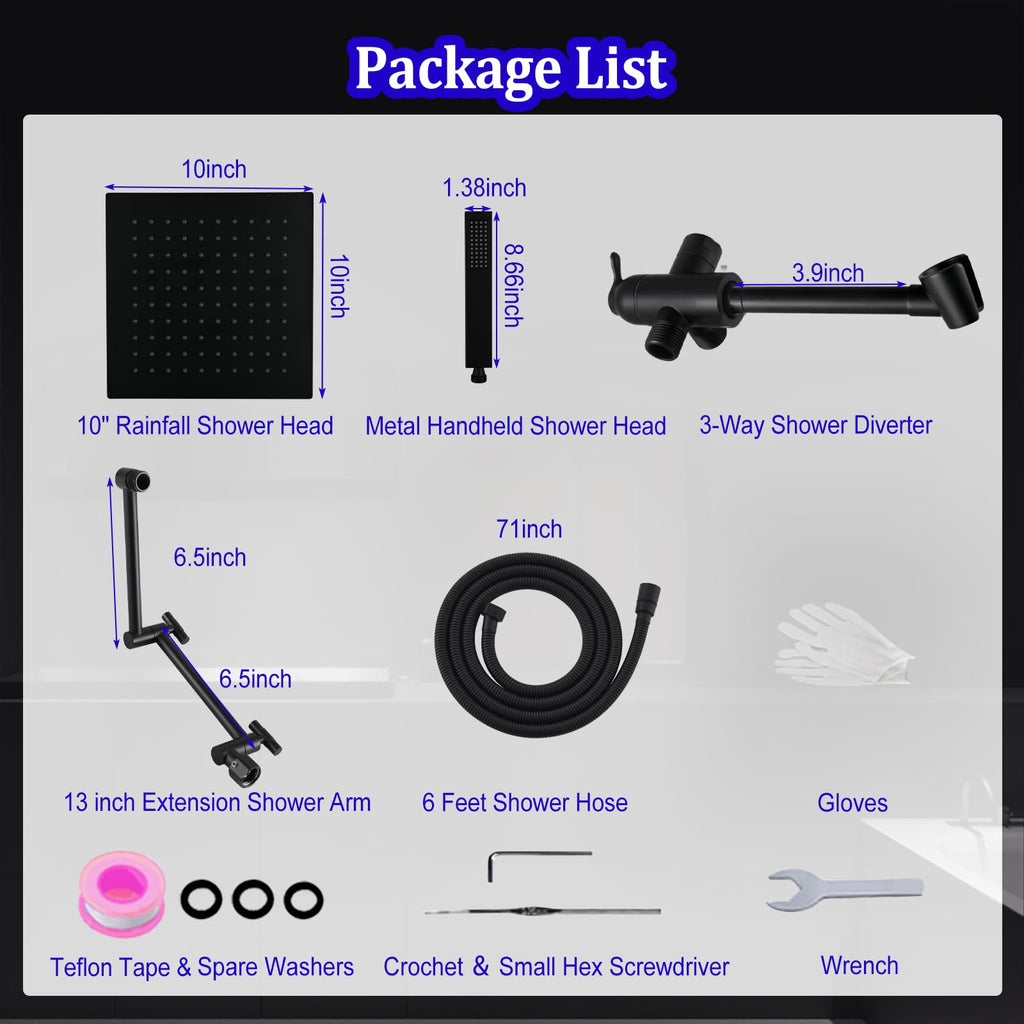 All Metal Rain Shower Head with Handheld Combo, 10 Inch Rainfall Shower Head, Stainless Steel Hand Wand, 3 Setting