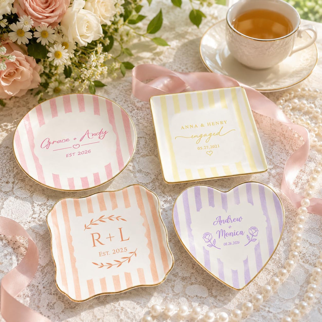 Personalized Ring Dish Engagement Gift for Her, Custom Future Mrs Jewelry Trinket Dish with Name & Date, Ceramic Ring