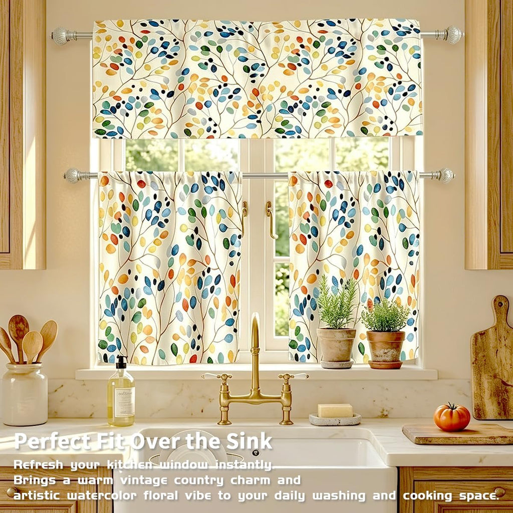 Colorful Kitchen Curtains Valance and Tiers Set Over Sink, 52x18 inch + 26x36 inch x 2, Cute Watercolor Floral Boho