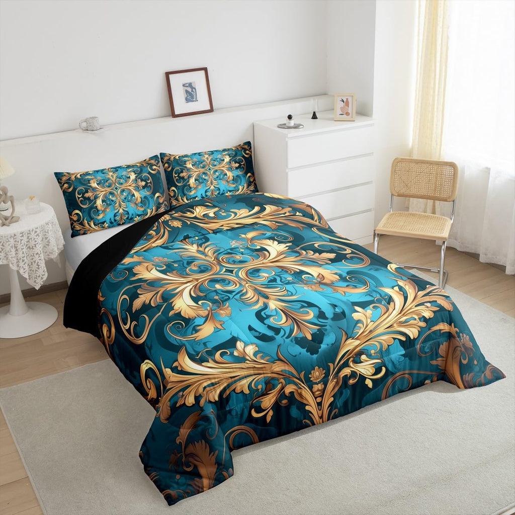 Hippie Damask Print Bedding Set Full Size, Flowers Vintage Fashion Comforter Set for Women Men Adults, Exotic Aztec