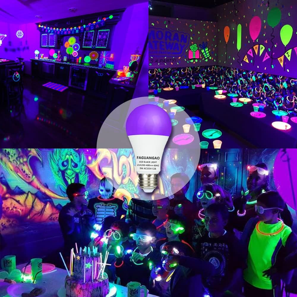 LED Black Light Bulb,9W A19 UV Bulb,120V E26 Medium Base,6 Pack
