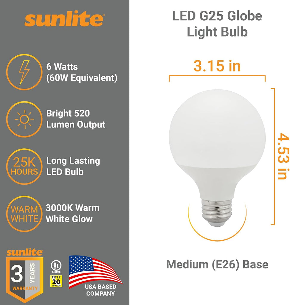 LED G25 Globe Light Bulb, 6 Watts (60W Equivalent), Standard E26 Base, 500 Lumens, Dimmable, Frosted, 90 CRI