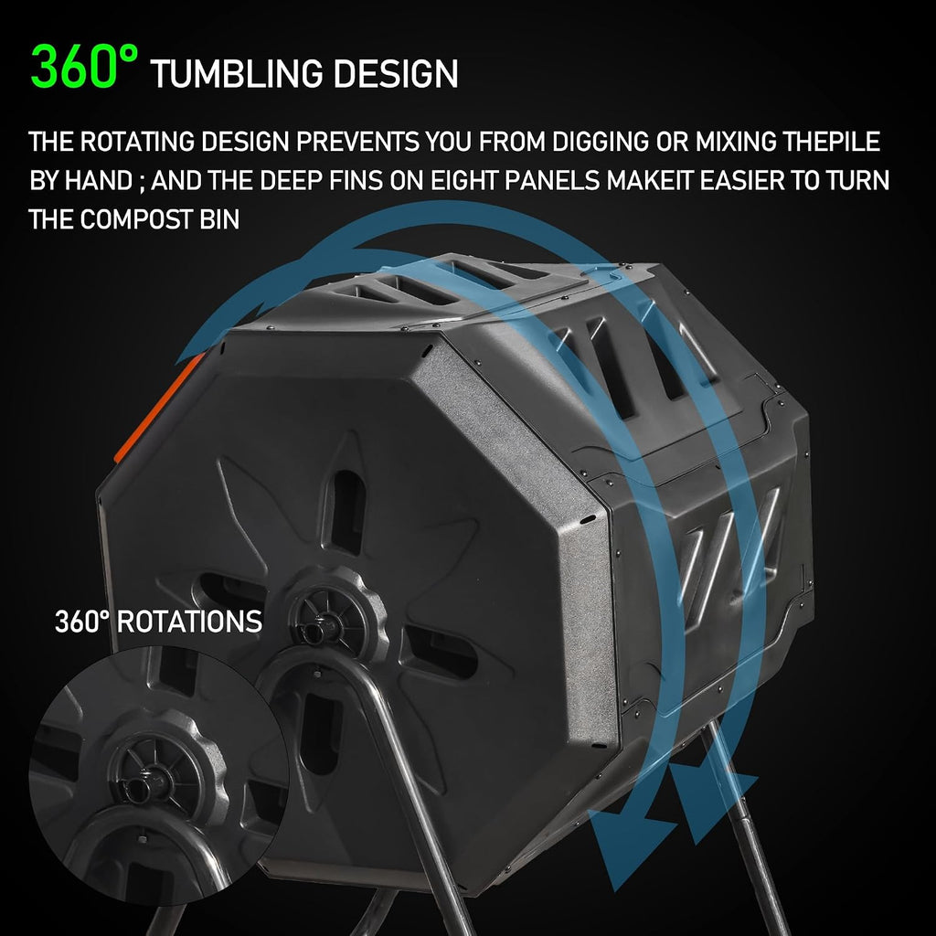 Compost Bin Outdoor, 43 Gallon Dual Chamber Tumbling Composting Bin with Sliding Doors, Tumbler Rotating Batch
