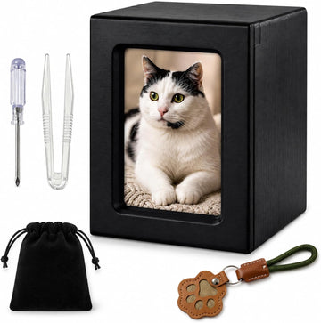 Pet Memorial Urn Built-in Photo Frame Hair Keepsake Pouch Wooden Cremation Box Dog Cat Ashes Easy Photo Change