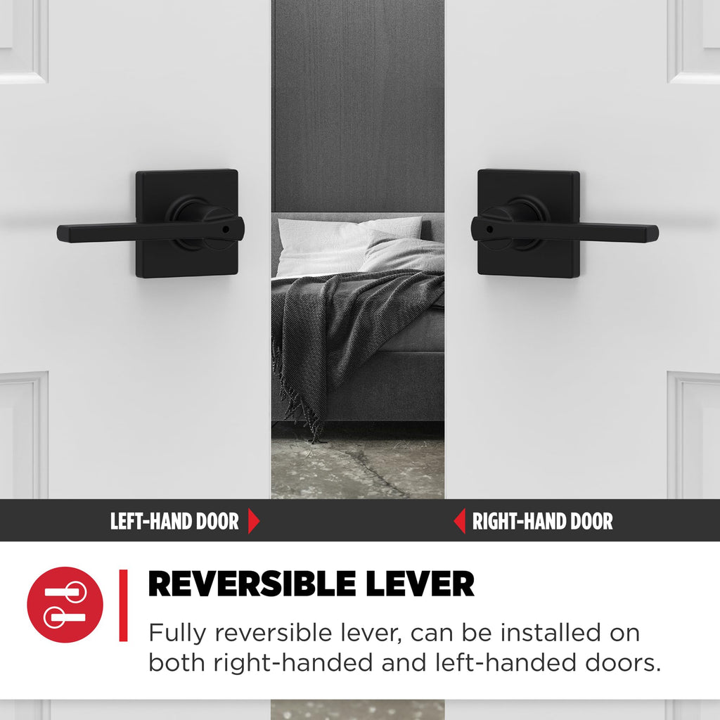 Casey Interior Privacy Door Handle with Lock 4 Pack, Door Lever , Matte Black Reversible Keyless Turn Lock, with