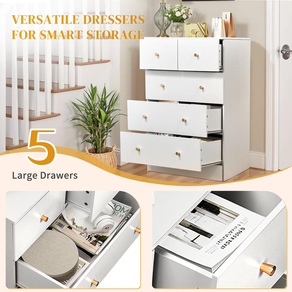 White 5 Drawer, Rose Gold Handle Modern Bedroom Chest