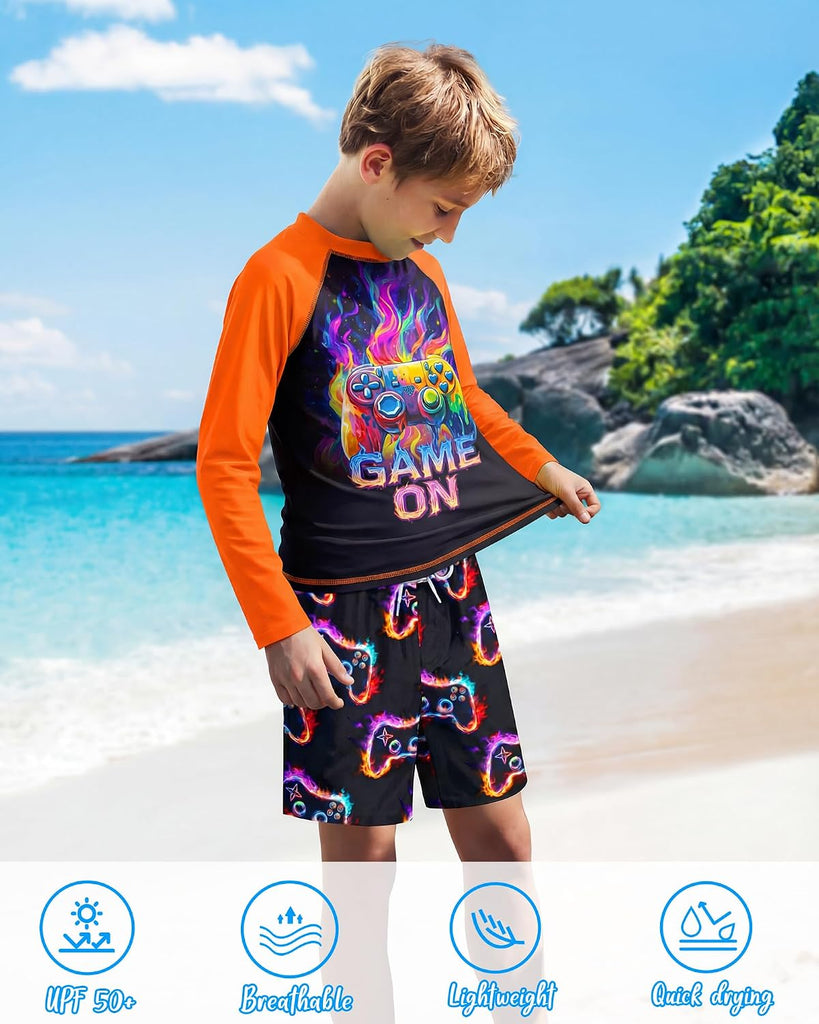 Boys Rash Guard Swim Set with Swim Trunks Bathing Suit Long Sleeve Swim Shirt Quick Dry Swimsuit Kids Swimwear Size