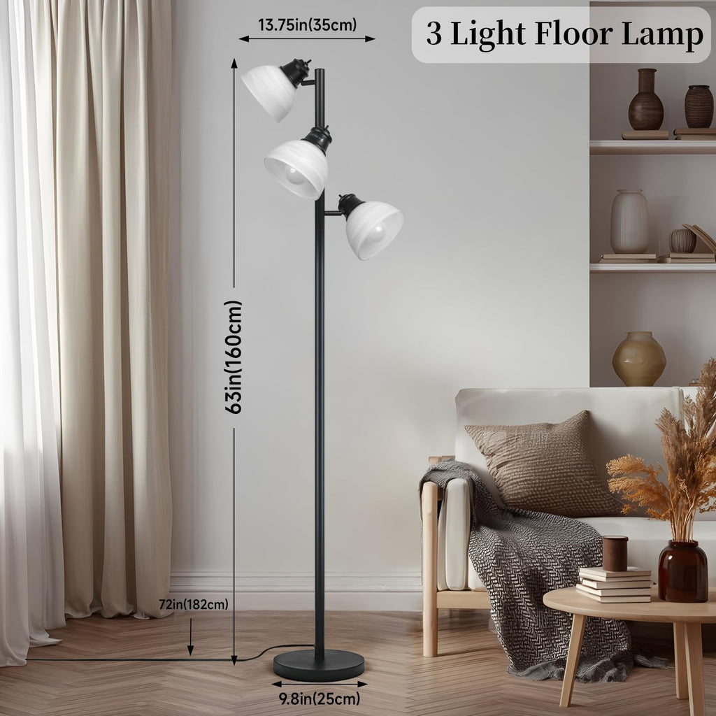 3 Head Tree Floor Lamp, Black Industrial Glass Shades