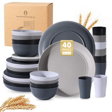 40-Piece Premium Wheat Straw Dinnerware Sets, Service for 8, Unbreakable Plates and Bowls Set - Cups Sets, Dinner
