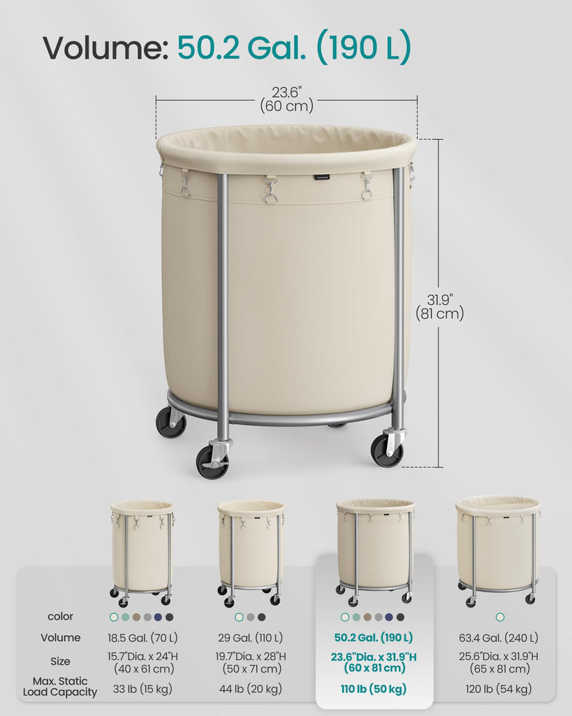 Laundry Basket with Wheels,190L, Steel Frame, Removable Bag