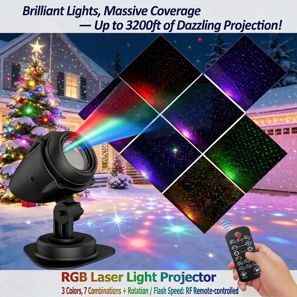Laser Christmas Projector Lights Outdoor, 3-Color Star Moving Effect