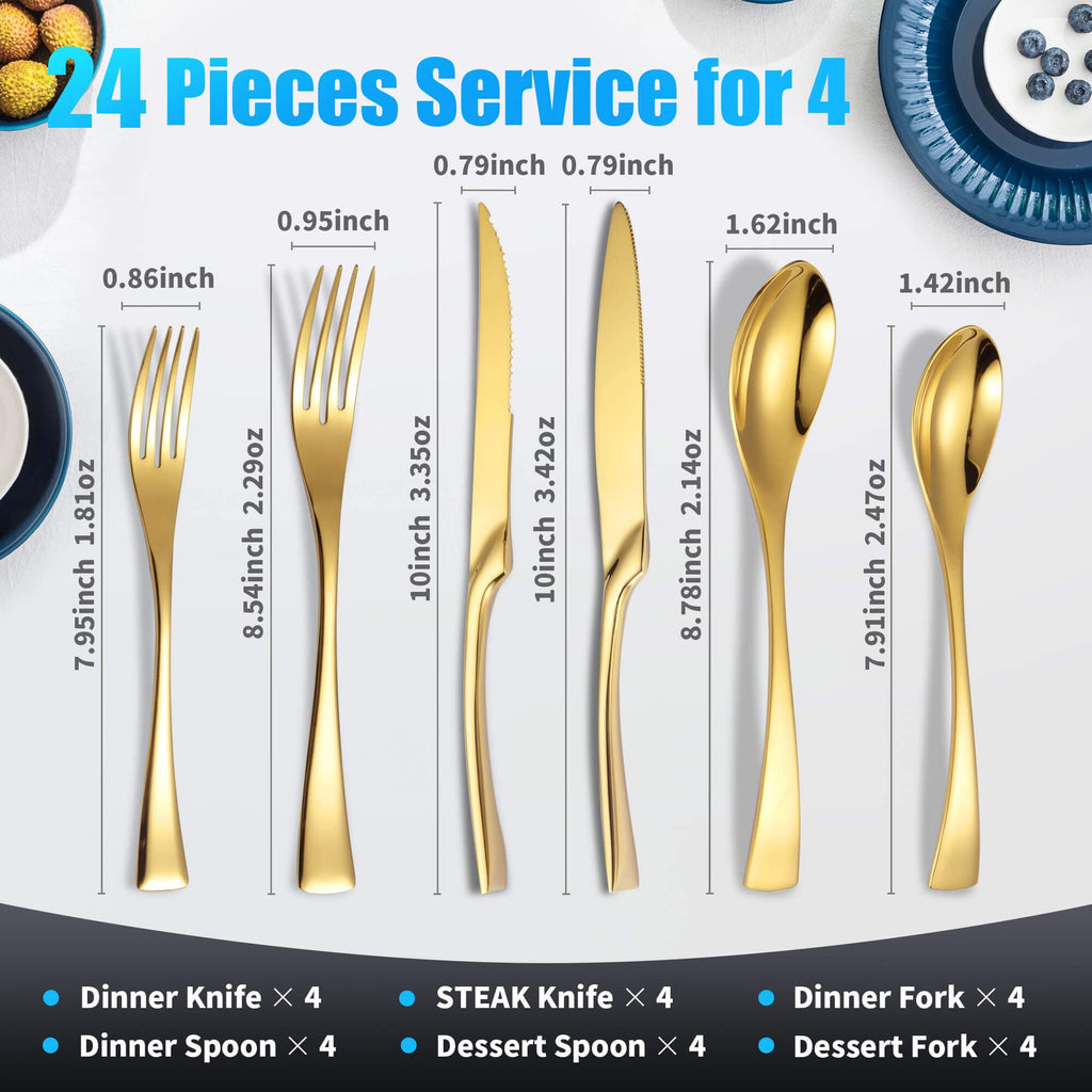 24-Pieces Gold Silverware Set with Steak Knives,Heavy Duty 18/10 Stainless Steel Flatware Set for 4,Modern Cutlery