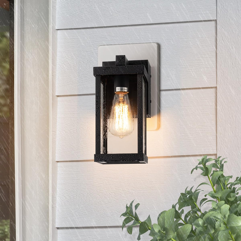 11" Classic Outdoor Wall Sconce with Built-in GFCI Outlet 1 Light in Matte Black Rectangular Metal Frame and Clear