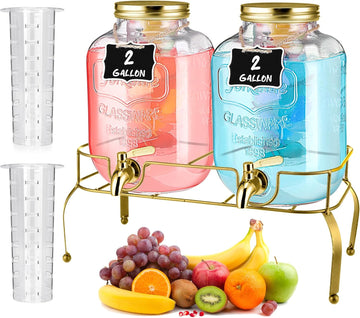 Gallon Glass Drink Dispenser with Stand Ice Cylinder Hanging Chalkboard Signs 18/8 Stainless Steel Spigot - Set of 2