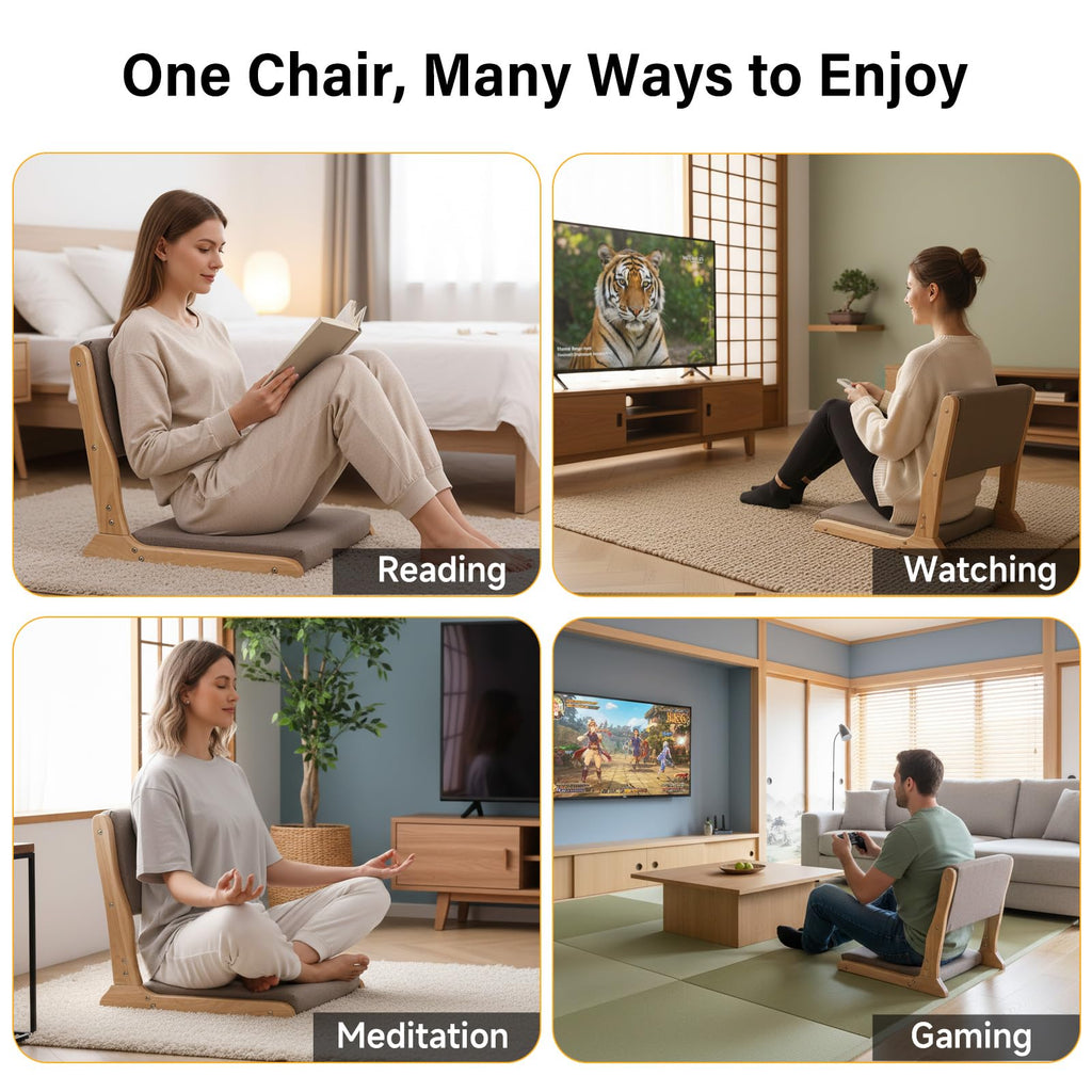 2-Pack Foldable Meditation Floor Chairs with Back Support, Wood Grey