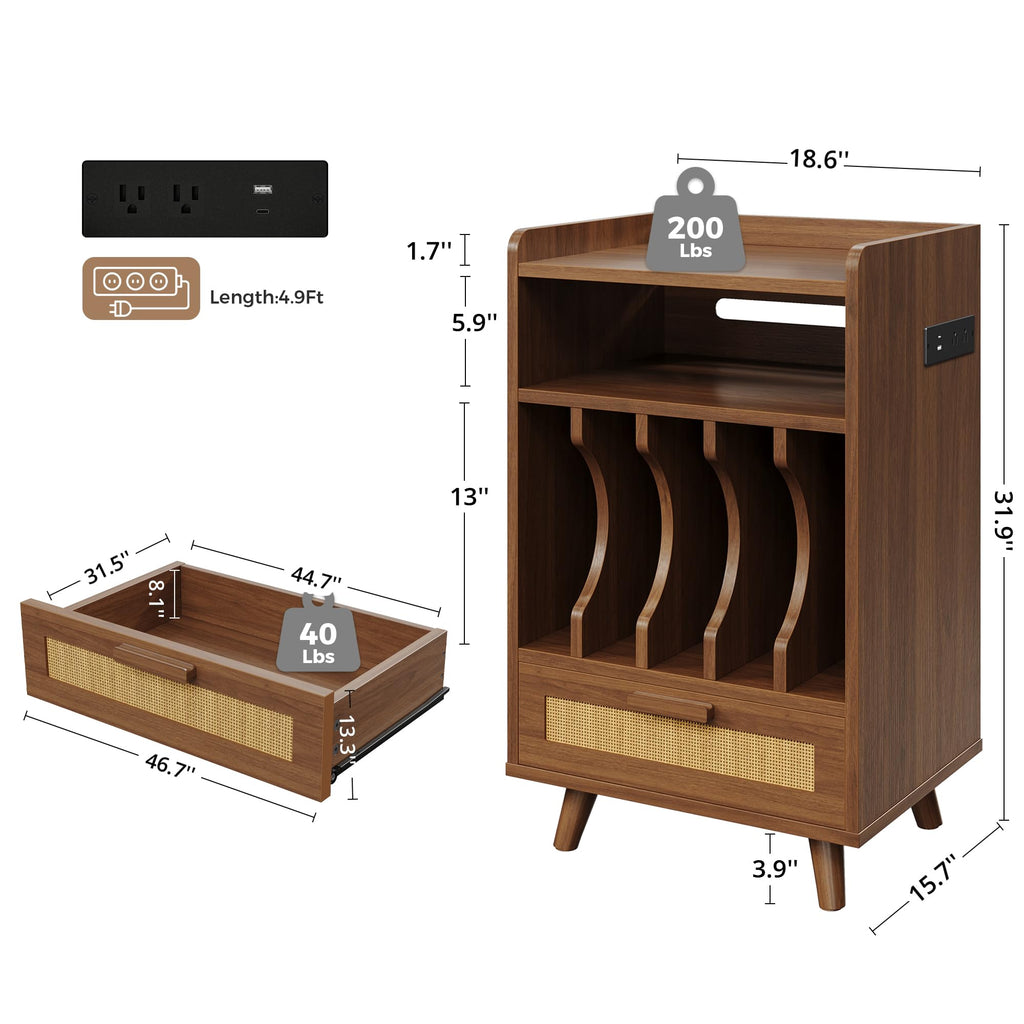 Record Player Stand with Power Outlets, Vinyl Storage Cabinet, Brown