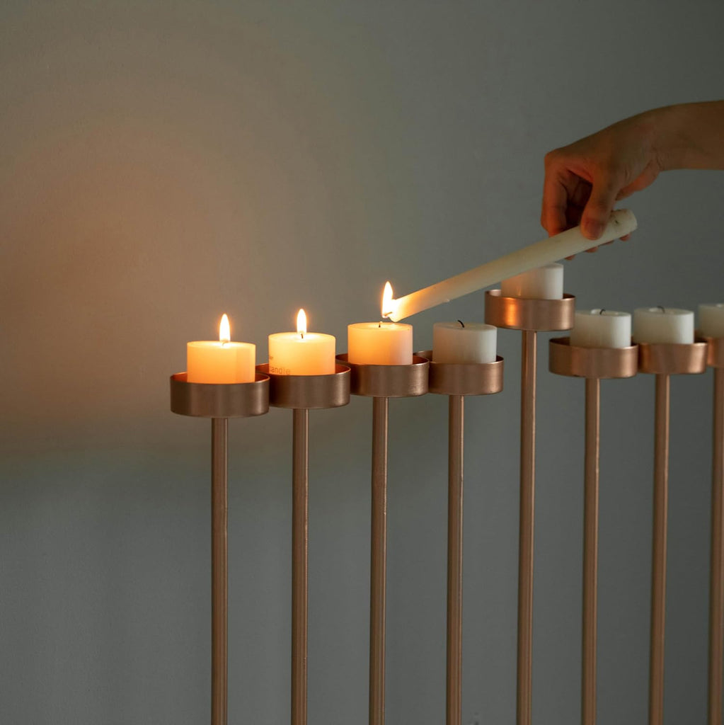 Modern Design l Hanukkah Exceptional presentational Piece, 9 Branch Tea Light Candle Holders, Rose Gold
