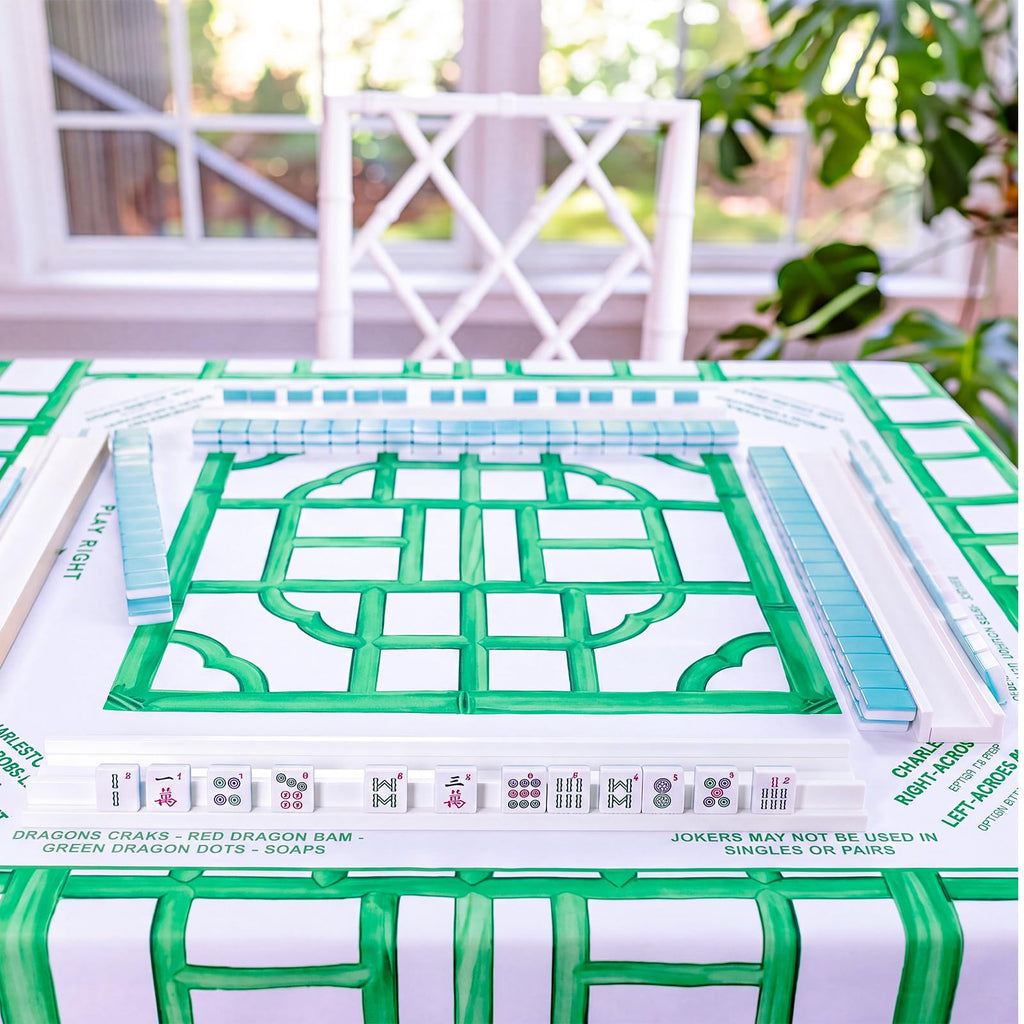 Green Chinoiserie Mahjong Tablecloth, 55 x 55 Inch