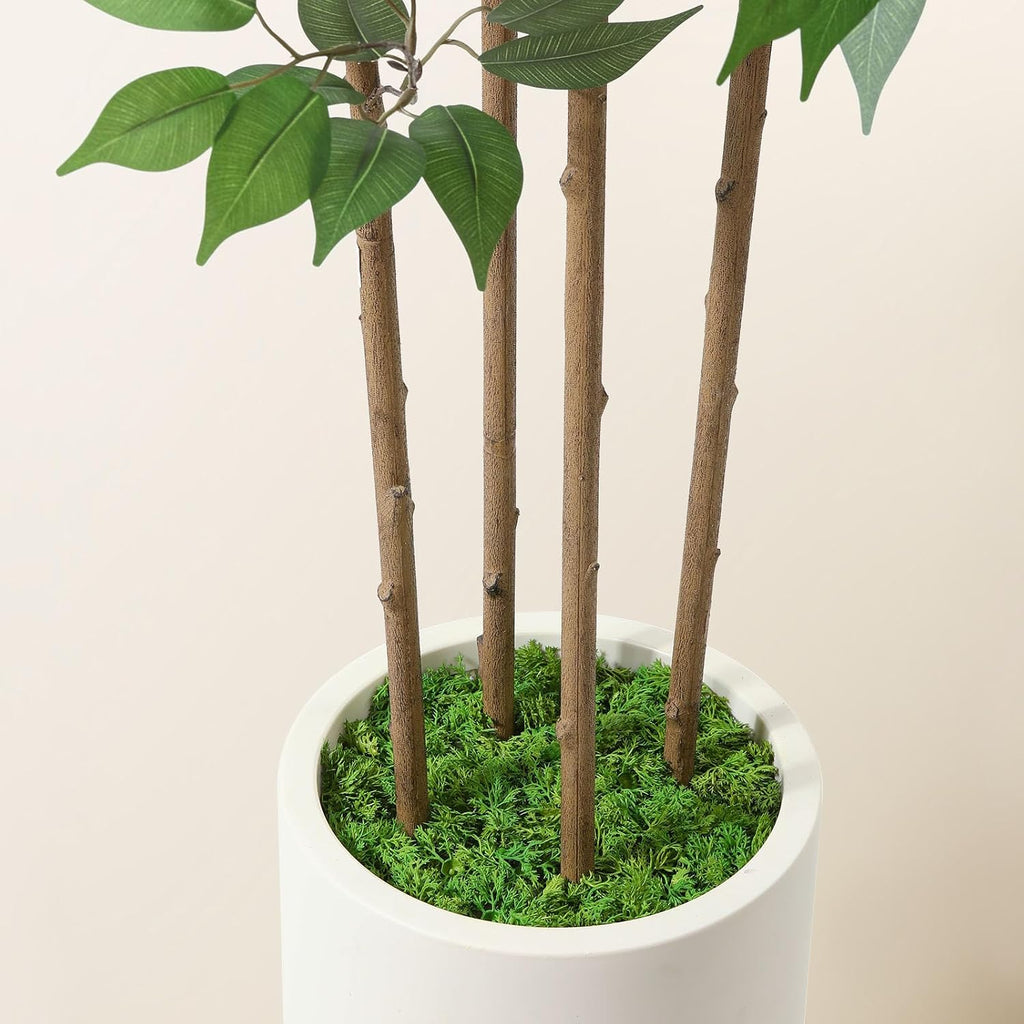 Ficus Artificial Tree 7ft Fake Silk Plant Decor Indoor, Faux Tree in White Imitation Ceramic Planter Fake Floor Plant