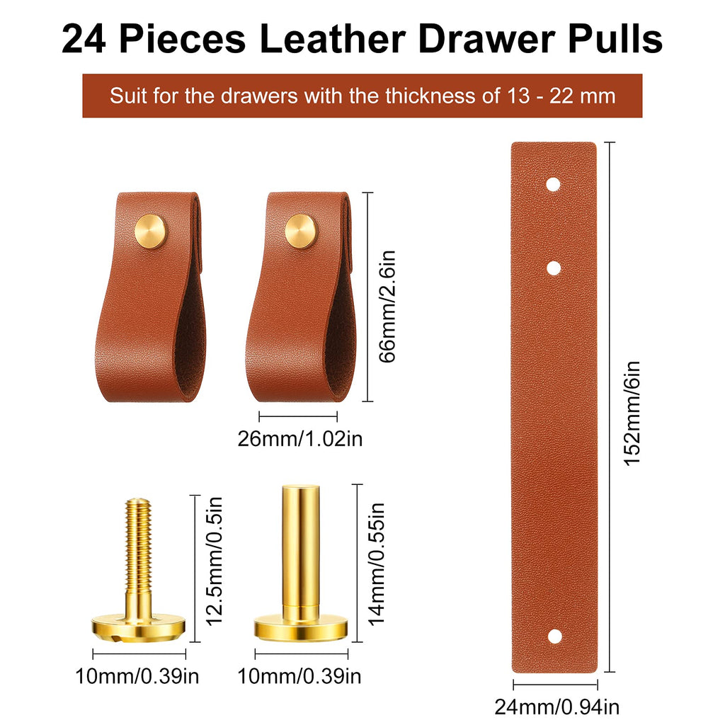 24 Pack Leather Drawer Pulls, Cabinet Handle with Screws, Gold,Brown