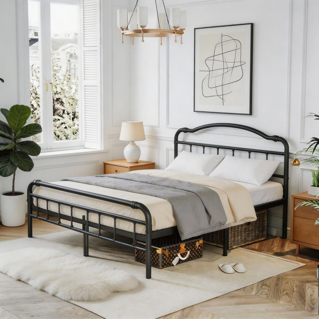 Victorian Style Metal Bed Frame, 18 Inch High Heavy Duty Platform with Spindle Headboard and Footboard
