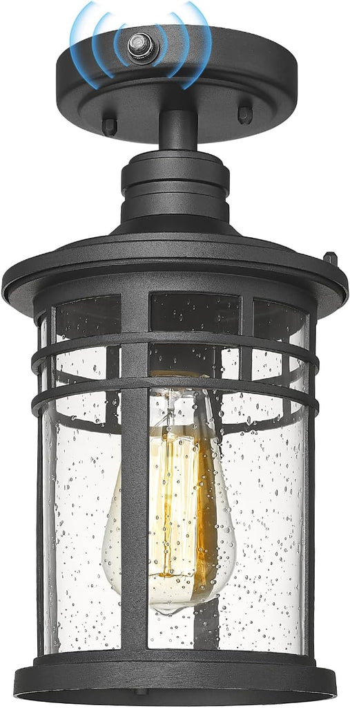 Semi Ceiling Light Fixtures, Dusk to Dawn Black Flush Mount Ceiling Lighting with Waterproof Seeded Glass Shade